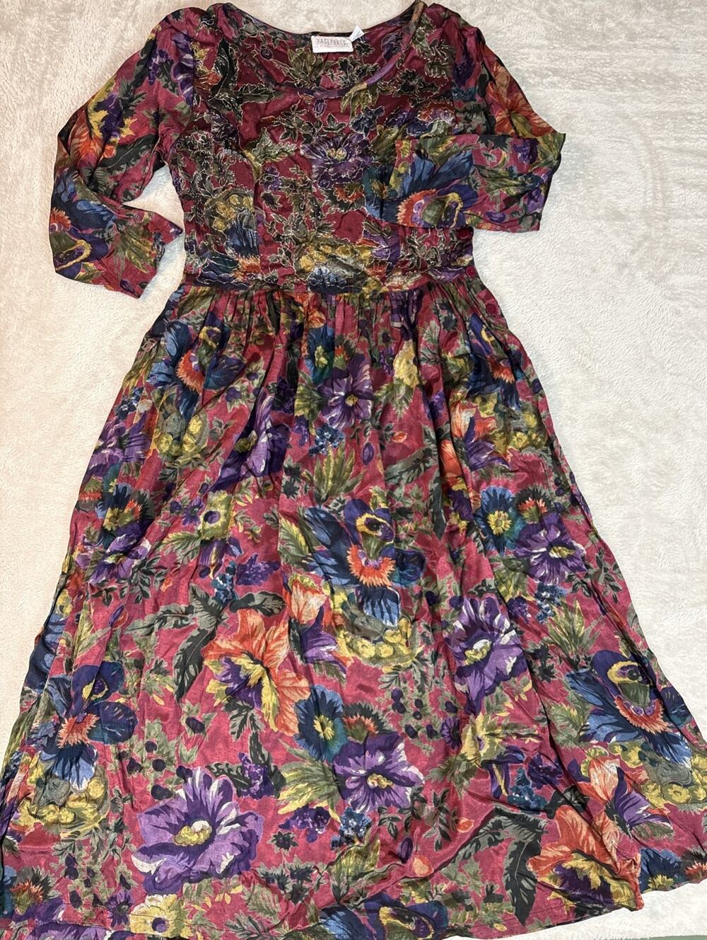 VTG 90s Passports Pier 1 Imports Dark Floral Dress M Whimsy Rich Prairie Rayon
